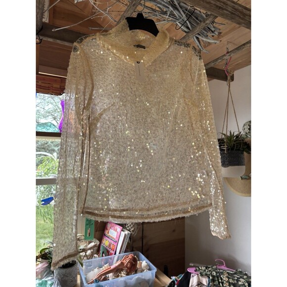 Anthropologie Women’s XS Sequin Sheer Gold Champagne Turtleneck Shirt Retail $98 - Picture 5 of 6
